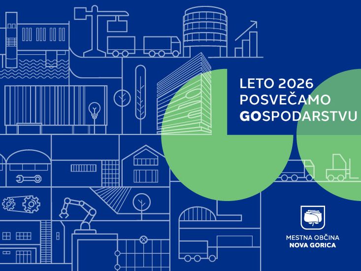 Banner z napisom ‘Leto 2026 posvečamo gospodarstvu’, obdan z različnimi ikonami, ki simbolizirajo gospodarske panoge in dejavnosti.